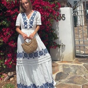 White and Blue Floral Maxi Dress